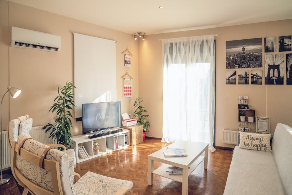 Bright, modern living room interior with neutral tones in Kavala, Greece.
