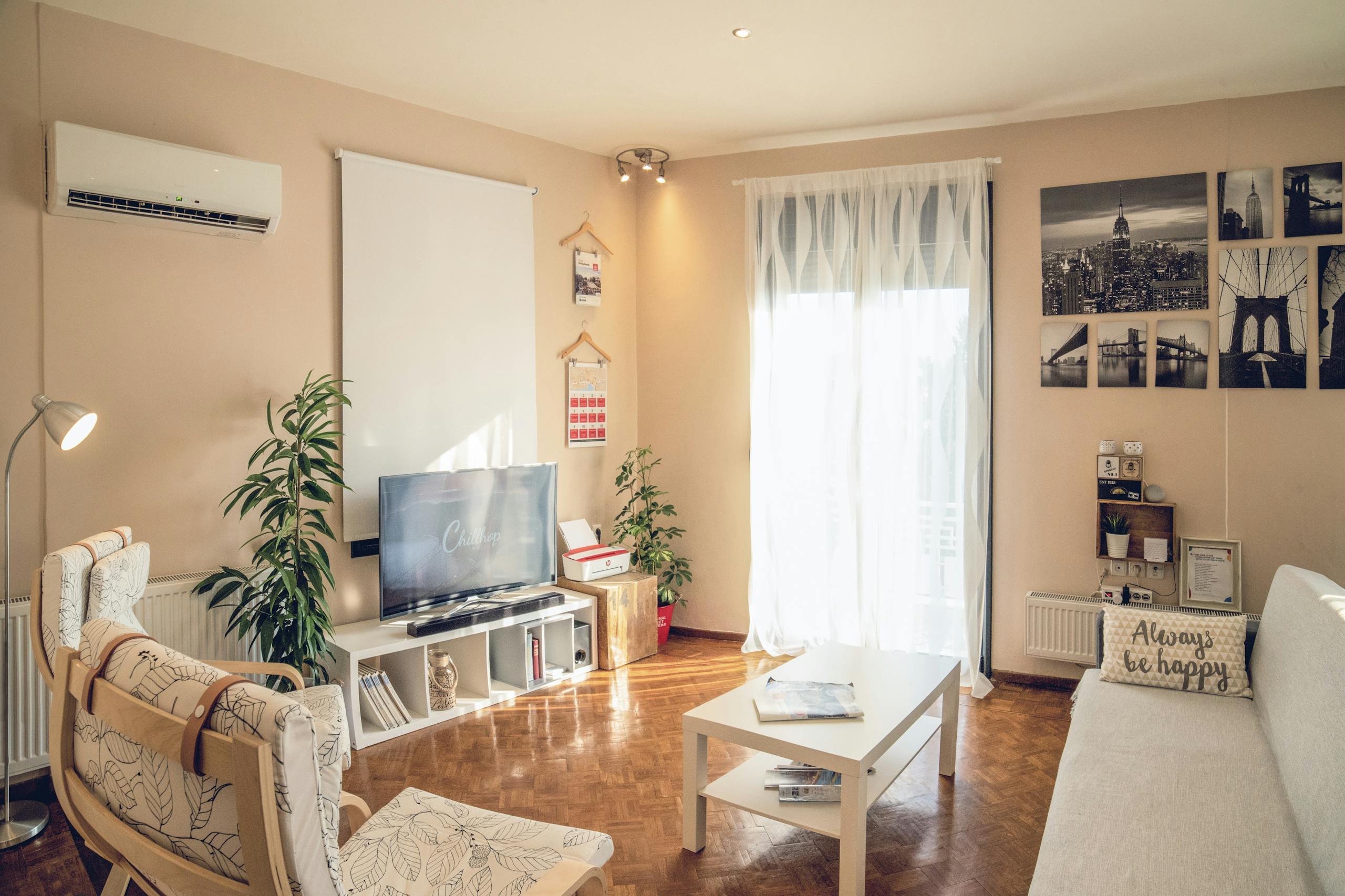 Bright, modern living room interior with neutral tones in Kavala, Greece.